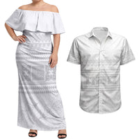 Samoa White Sunday Couples Matching Off Shoulder Maxi Dress and Hawaiian Shirt Lotu Tamaiti Samoan Siapo Teuila Flowers LT14 White - Polynesian Pride