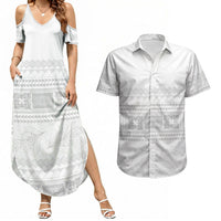 Samoa White Sunday Couples Matching Summer Maxi Dress and Hawaiian Shirt Lotu Tamaiti Samoan Siapo Teuila Flowers LT14 White - Polynesian Pride