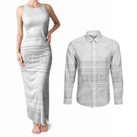 Samoa White Sunday Couples Matching Tank Maxi Dress and Long Sleeve Button Shirt Lotu Tamaiti Samoan Siapo Teuila Flowers LT14 White - Polynesian Pride