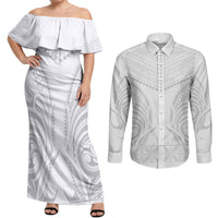 Niue White Sunday Couples Matching Off Shoulder Maxi Dress and Long Sleeve Button Shirt Aho Tapu Fanau Hiapo Pattern LT14 White - Polynesian Pride