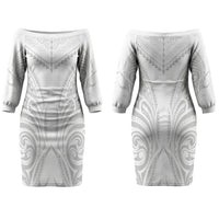 Niue White Sunday Couples Matching Off The Shoulder Long Sleeve Dress and Long Sleeve Button Shirt Aho Tapu Fanau Hiapo Pattern LT14 - Polynesian Pride
