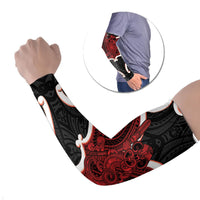 Whero Aotearoa Atua Tumatauenga Personalised Arm Sleeves Maori God Of War Tiki With Taiaha LT14 Set of 2 Red - Polynesian Pride