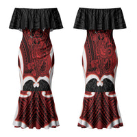 Whero Aotearoa Atua Tumatauenga Personalised Family Matching Mermaid Dress and Hawaiian Shirt Maori God Of War Tiki With Taiaha LT14 Mom's Dress Red - Polynesian Pride