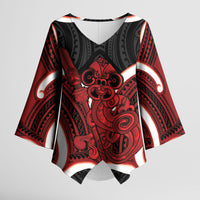 Whero Aotearoa Atua Tumatauenga Personalised Kimono Sleeve Blouse Maori God Of War Tiki With Taiaha LT14 Female Red - Polynesian Pride