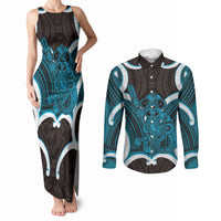 Kikorangi Aotearoa Atua Tumatauenga Personalised Couples Matching Tank Maxi Dress and Long Sleeve Button Shirt Maori God Of War Tiki With Taiaha LT14 Blue - Polynesian Pride