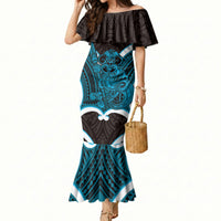 Kikorangi Aotearoa Atua Tumatauenga Personalised Mermaid Dress Maori God Of War Tiki With Taiaha LT14 Women Blue - Polynesian Pride
