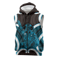 Kikorangi Aotearoa Atua Tumatauenga Personalised Sleeveless Zip Hoodie Maori God Of War Tiki With Taiaha LT14 Blue - Polynesian Pride