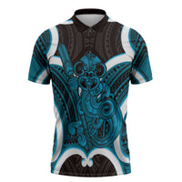 Kikorangi Aotearoa Atua Tumatauenga Personalised Zipper Polo Shirt Maori God Of War Tiki With Taiaha LT14 Blue - Polynesian Pride