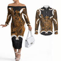 Karaka Aotearoa Atua Tumatauenga Personalised Couples Matching Off The Shoulder Long Sleeve Dress and Long Sleeve Button Shirt Maori God Of War Tiki With Taiaha LT14 Orange - Polynesian Pride