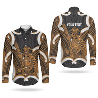 Karaka Aotearoa Atua Tumatauenga Personalised Couples Matching Off The Shoulder Long Sleeve Dress and Long Sleeve Button Shirt Maori God Of War Tiki With Taiaha LT14 - Polynesian Pride