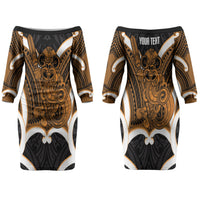 Karaka Aotearoa Atua Tumatauenga Personalised Couples Matching Off The Shoulder Long Sleeve Dress and Long Sleeve Button Shirt Maori God Of War Tiki With Taiaha LT14 - Polynesian Pride