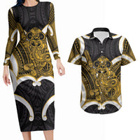 Kowhai Aotearoa Atua Tumatauenga Personalised Couples Matching Long Sleeve Bodycon Dress and Hawaiian Shirt Maori God Of War Tiki With Taiaha LT14 Yellow - Polynesian Pride