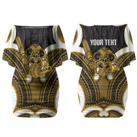 Kowhai Aotearoa Atua Tumatauenga Personalised Couples Matching Off Shoulder Short Dress and Long Sleeve Button Shirt Maori God Of War Tiki With Taiaha LT14 - Polynesian Pride