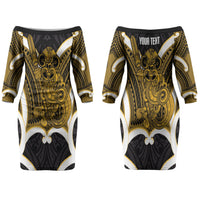 Kowhai Aotearoa Atua Tumatauenga Personalised Couples Matching Off The Shoulder Long Sleeve Dress and Hawaiian Shirt Maori God Of War Tiki With Taiaha LT14 - Polynesian Pride