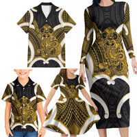 Kowhai Aotearoa Atua Tumatauenga Personalised Family Matching Long Sleeve Bodycon Dress and Hawaiian Shirt Maori God Of War Tiki With Taiaha