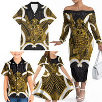 Kowhai Aotearoa Atua Tumatauenga Personalised Family Matching Off The Shoulder Long Sleeve Dress and Hawaiian Shirt Maori God Of War Tiki With Taiaha LT14 - Polynesian Pride