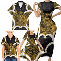 Kowhai Aotearoa Atua Tumatauenga Personalised Family Matching Short Sleeve Bodycon Dress and Hawaiian Shirt Maori God Of War Tiki With Taiaha
