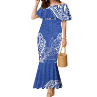 Custom Manu Samoa Rugby 2024 Family Matching Mermaid Dress and Hawaiian Shirt Go Champions Samoan Tattoo LT14 Mom's Dress Blue - Polynesian Pride