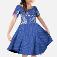 Custom Manu Samoa Rugby 2024 Family Matching Off The Shoulder Long Sleeve Dress and Hawaiian Shirt Go Champions Samoan Tattoo LT14 Daughter's Dress Blue - Polynesian Pride