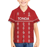 Custom Tonga Rugby 2024 Family Matching Off The Shoulder Long Sleeve Dress and Hawaiian Shirt Go Champions Ikale Tahi Ngatu Pattern LT14 Son's Shirt Red - Polynesian Pride