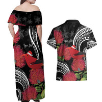 Personalized Mele Kalikimaka Hawaii Couples Matching Off Shoulder Maxi Dress and Hawaiian Shirt I'iwi Bird With Ohia Lehua - Black Color LT14 - Polynesian Pride