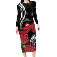 Personalized Mele Kalikimaka Hawaii Family Matching Long Sleeve Bodycon Dress and Hawaiian Shirt I'iwi Bird With Ohia Lehua - Black Color LT14 Mom's Dress Black - Polynesian Pride