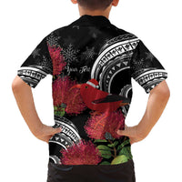 Personalized Mele Kalikimaka Hawaii Family Matching Off The Shoulder Long Sleeve Dress and Hawaiian Shirt I'iwi Bird With Ohia Lehua - Black Color LT14 - Polynesian Pride