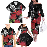 Personalized Mele Kalikimaka Hawaii Family Matching Off The Shoulder Long Sleeve Dress and Hawaiian Shirt I'iwi Bird With Ohia Lehua - Black Color LT14 - Polynesian Pride