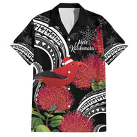 Personalized Mele Kalikimaka Hawaii Family Matching Off The Shoulder Long Sleeve Dress and Hawaiian Shirt I'iwi Bird With Ohia Lehua - Black Color LT14 Dad's Shirt - Short Sleeve Black - Polynesian Pride