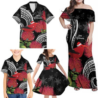 Personalized Mele Kalikimaka Hawaii Family Matching Off Shoulder Maxi Dress and Hawaiian Shirt I'iwi Bird With Ohia Lehua - Black Color LT14 - Polynesian Pride