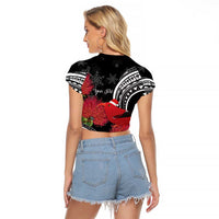 Personalized Mele Kalikimaka Hawaii Raglan Cropped T Shirt I'iwi Bird With Ohia Lehua - Black Color