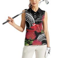 Personalized Mele Kalikimaka Hawaii Women Sleeveless Polo Shirt I'iwi Bird With Ohia Lehua - Black Color LT14 - Polynesian Pride