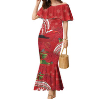 Personalized Mele Kalikimaka Hawaii Family Matching Mermaid Dress and Hawaiian Shirt I'iwi Bird With Ohia Lehua - Red Color LT14 Mom's Dress Red - Polynesian Pride