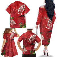Personalized Mele Kalikimaka Hawaii Family Matching Off The Shoulder Long Sleeve Dress and Hawaiian Shirt I'iwi Bird With Ohia Lehua - Red Color LT14 - Polynesian Pride