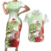 Pastel Green Hawaii Chameleon Christmas Couples Matching Short Sleeve Bodycon Dress and Hawaiian Shirt Mele Kalikimaka Kakau - Watercolor LT14 Green - Polynesian Pride