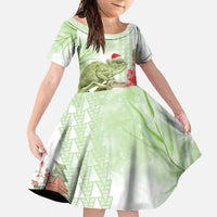 Pastel Green Hawaii Chameleon Christmas Family Matching Mermaid Dress and Hawaiian Shirt Mele Kalikimaka Kakau - Watercolor LT14 Daughter's Dress Green - Polynesian Pride