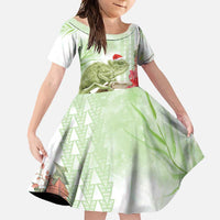 Pastel Green Hawaii Chameleon Christmas Family Matching Off Shoulder Maxi Dress and Hawaiian Shirt Mele Kalikimaka Kakau - Watercolor LT14 Daughter's Dress Green - Polynesian Pride