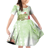 Pastel Green Hawaii Chameleon Christmas Family Matching Off Shoulder Short Dress and Hawaiian Shirt Mele Kalikimaka Kakau - Watercolor LT14 Daughter's Dress Green - Polynesian Pride
