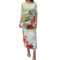 Pastel Green Hawaii Chameleon Christmas Family Matching Puletasi and Hawaiian Shirt Mele Kalikimaka Kakau - Watercolor LT14 Mom's Dress Green - Polynesian Pride