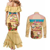 Aloha Hawaii Mele Kalikimaka Couples Matching Mermaid Dress and Long Sleeve Button Shirt Beachy Funny Santa Hawaiian Lei LT14 - Polynesian Pride