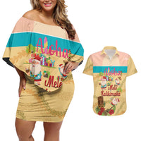Aloha Hawaii Mele Kalikimaka Couples Matching Off Shoulder Short Dress and Hawaiian Shirt Beachy Funny Santa Hawaiian Lei LT14 Yellow - Polynesian Pride