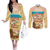 Aloha Hawaii Mele Kalikimaka Couples Matching Off The Shoulder Long Sleeve Dress and Long Sleeve Button Shirt Beachy Funny Santa Hawaiian Lei LT14 Yellow - Polynesian Pride