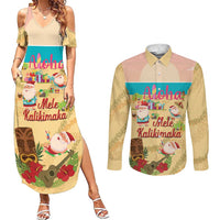 Aloha Hawaii Mele Kalikimaka Couples Matching Summer Maxi Dress and Long Sleeve Button Shirt Beachy Funny Santa Hawaiian Lei LT14 Yellow - Polynesian Pride