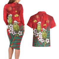 New Zealand Kakapo Christmas Couples Matching Long Sleeve Bodycon Dress and Hawaiian Shirt Owl Parrot Santa Sliver Fern Manuka - Red LT14 - Polynesian Pride