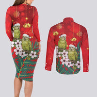 New Zealand Kakapo Christmas Couples Matching Long Sleeve Bodycon Dress and Long Sleeve Button Shirt Owl Parrot Santa Sliver Fern Manuka - Red LT14 - Polynesian Pride