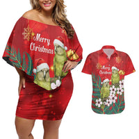 New Zealand Kakapo Christmas Couples Matching Off Shoulder Short Dress and Hawaiian Shirt Owl Parrot Santa Sliver Fern Manuka - Red LT14 Red - Polynesian Pride