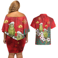 New Zealand Kakapo Christmas Couples Matching Off Shoulder Short Dress and Hawaiian Shirt Owl Parrot Santa Sliver Fern Manuka - Red LT14 - Polynesian Pride