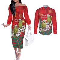 New Zealand Kakapo Christmas Couples Matching Off The Shoulder Long Sleeve Dress and Long Sleeve Button Shirt Owl Parrot Santa Sliver Fern Manuka - Red LT14 Red - Polynesian Pride