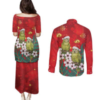 New Zealand Kakapo Christmas Couples Matching Puletasi and Long Sleeve Button Shirt Owl Parrot Santa Sliver Fern Manuka - Red - Polynesian Pride