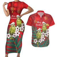 New Zealand Kakapo Christmas Couples Matching Short Sleeve Bodycon Dress and Hawaiian Shirt Owl Parrot Santa Sliver Fern Manuka - Red - Polynesian Pride